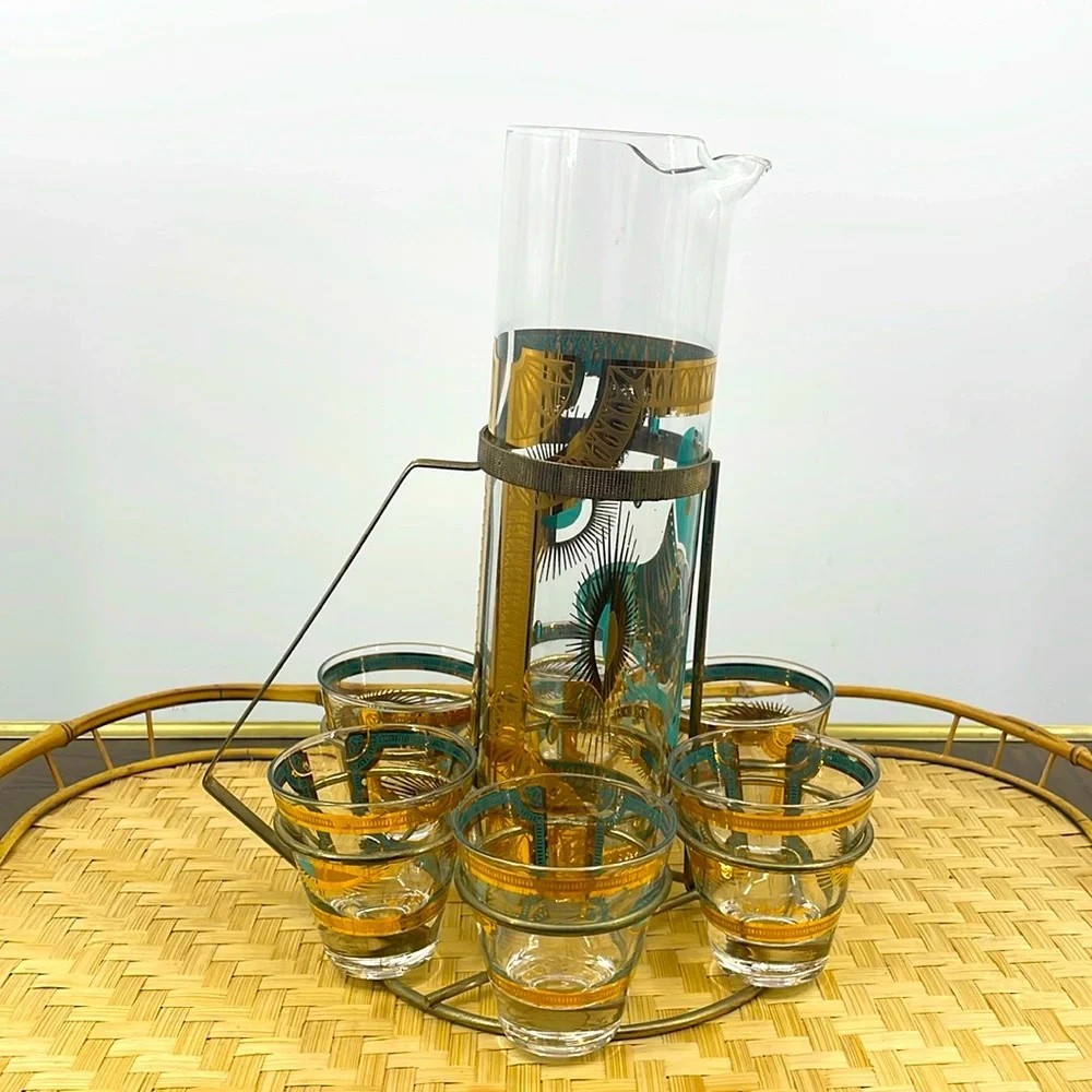 Vintage 60’s Fred Press Trojan Horse 22k Gold Turquoise 8 Pc MCM Barware Set